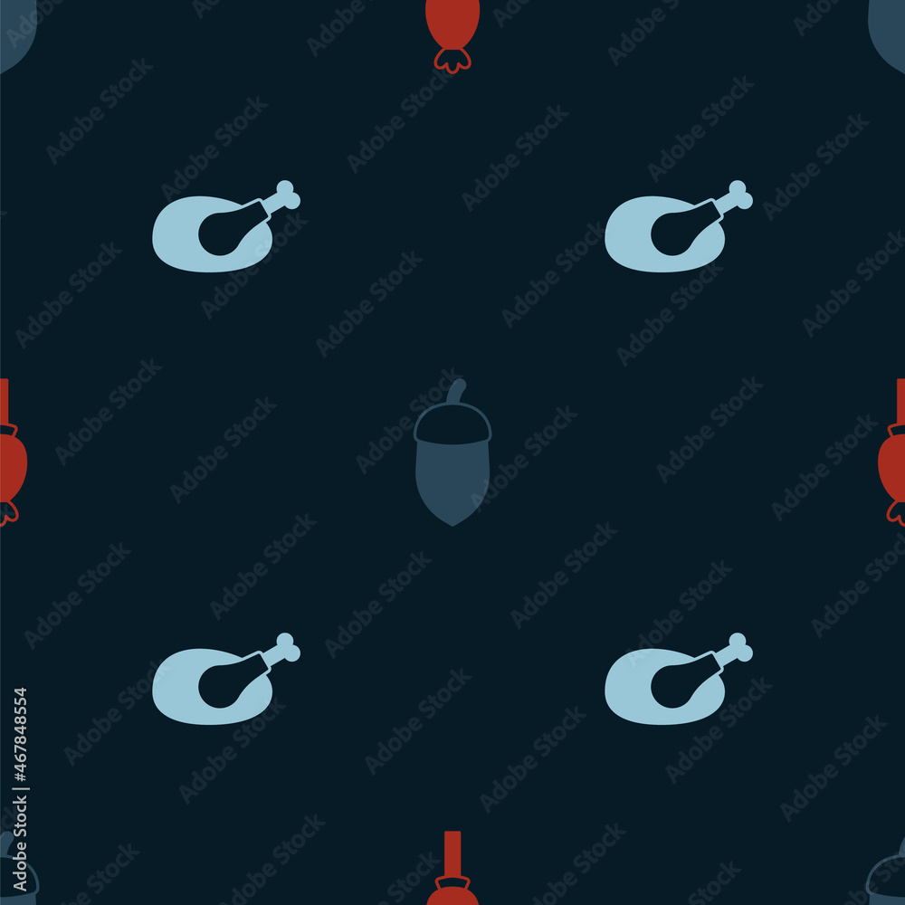 Set Opium poppy, Acorn and Roasted turkey chicken on seamless pattern. Vector Set Opium poppy, Acorn and Roasted turkey chicken on seamless pattern. Vector