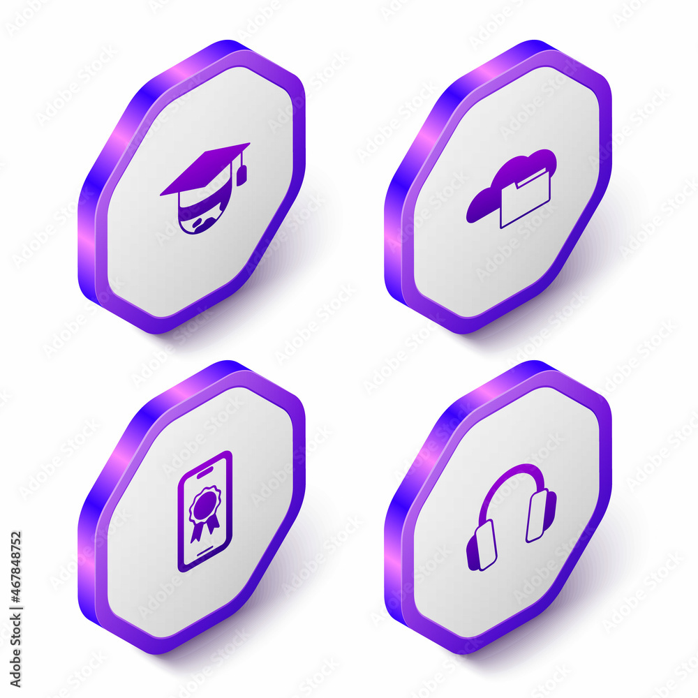 Set Isometric Graduation cap on globe, Cloud or online library, Online education with diploma and Headphones icon. Purple hexagon button. Vector Set Isometric Graduation cap on globe, Cloud or online library, Online education with diploma and Headphones icon. Purple hexagon button. Vector