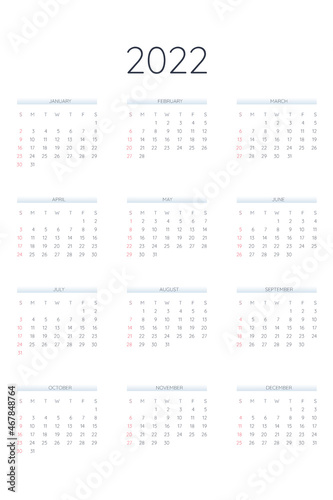 2022 calendar template in classic strict style. Monthly calendar individual schedule minimalism restrained design for business notebook. Week starts on sunday
