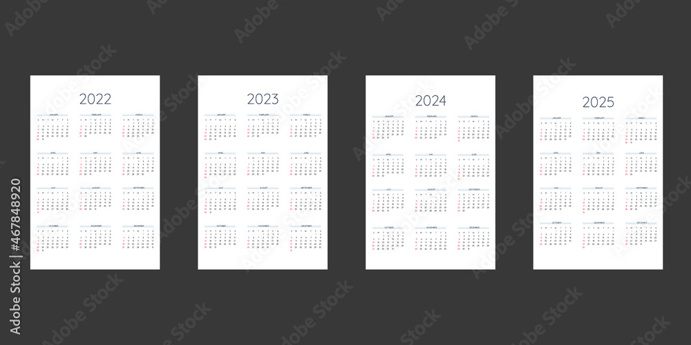 2022 2023 2024 2025 calendar template in classic strict style. Monthly