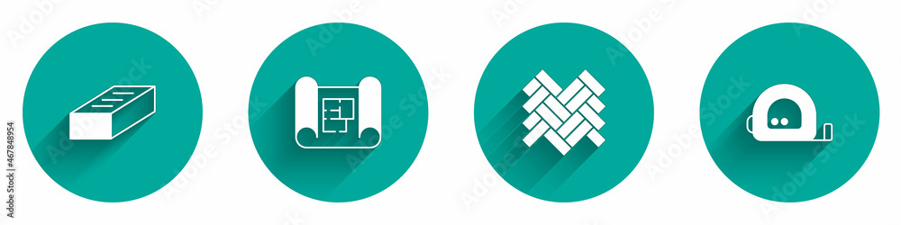 Set Brick, House plan, Parquet and Roulette construction icon with long shadow. Vector Set Brick, House plan, Parquet and Roulette construction icon with long shadow. Vector