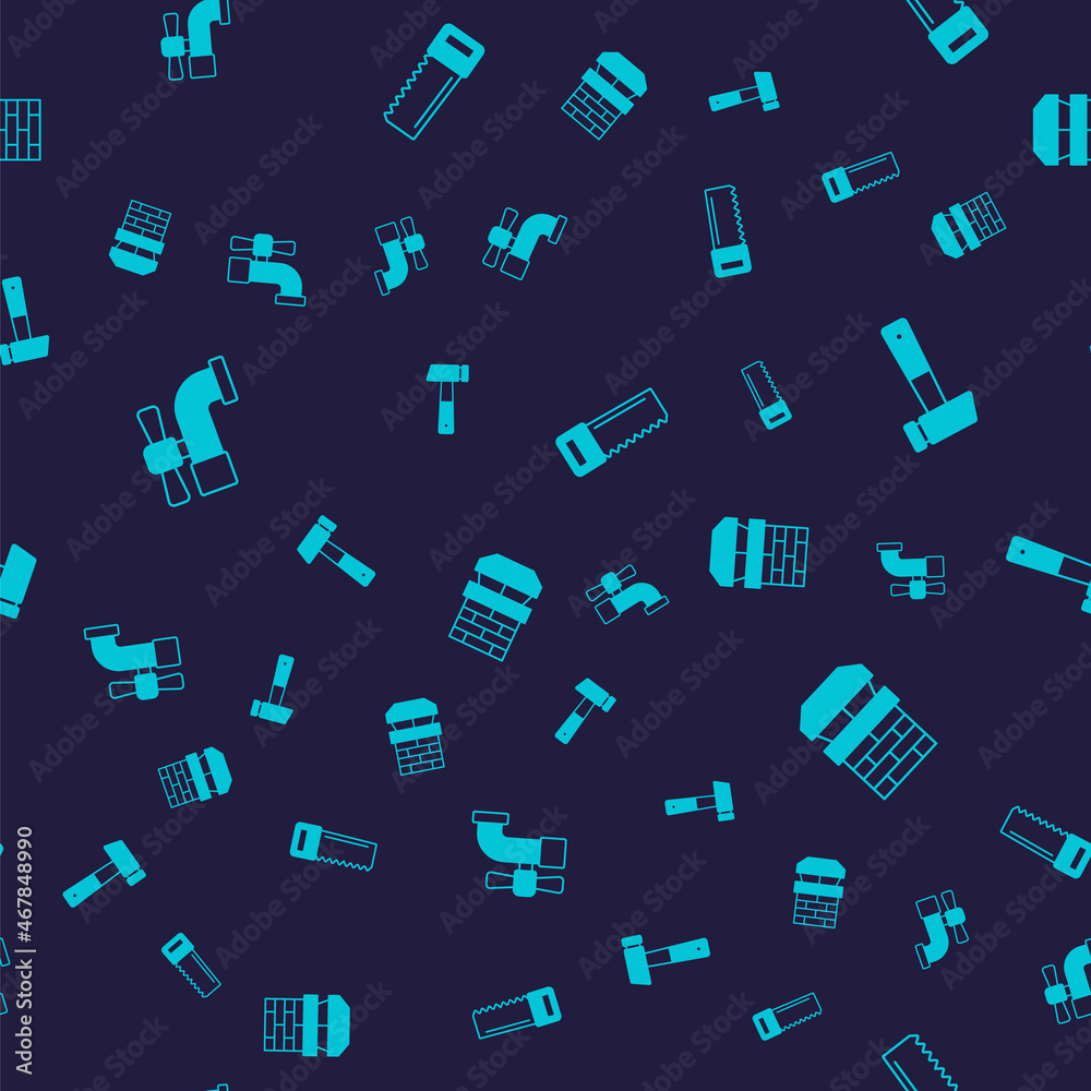 Set Water tap, Hammer, Hand saw and Chimney on seamless pattern. Vector
