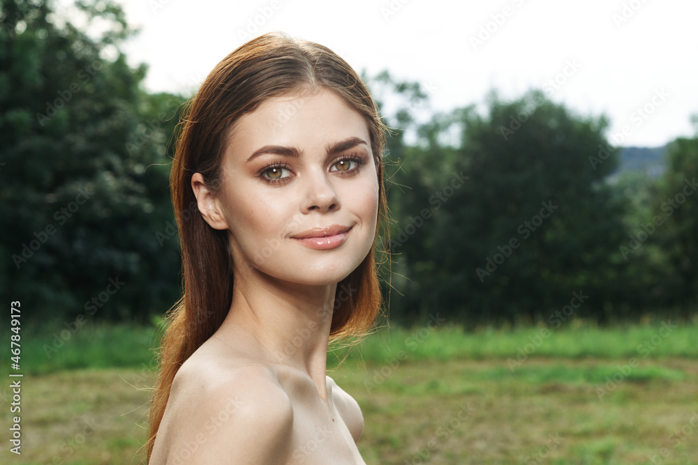beautiful woman attractive look bare shoulders green leaves Lifestyle