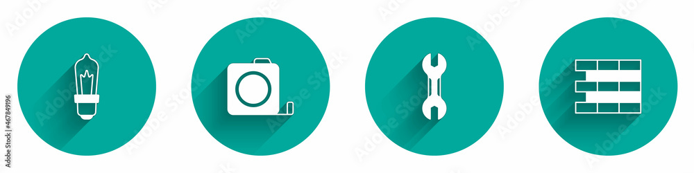 Set Light bulb, Roulette construction, Wrench spanner and Bricks icon with long shadow. Vector Set Light bulb, Roulette construction, Wrench spanner and Bricks icon with long shadow. Vector