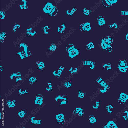 Set Leprechaun boot, Glass of beer, Pot gold coins and on seamless pattern. Vector