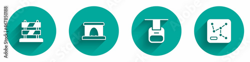 Set End of railway tracks, Railway tunnel, Cable car and map icon with long shadow. Vector