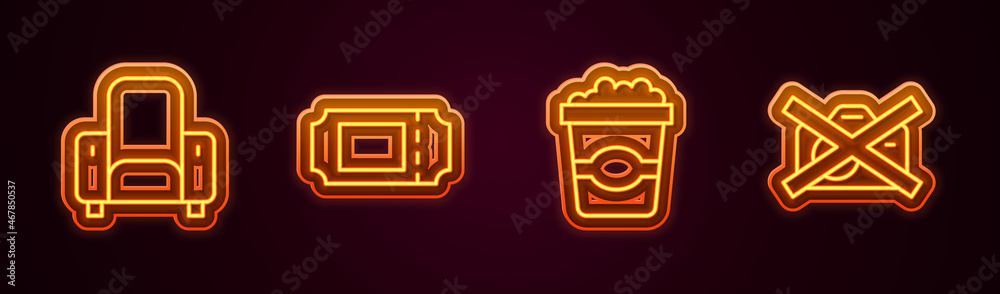 Set line Cinema chair, ticket, Popcorn cardboard box and Prohibition no video recording. Glowing neon icon. Vector Set line Cinema chair, ticket, Popcorn cardboard box and Prohibition no video recording. Glowing neon icon. Vector