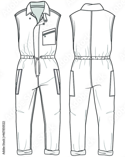Women Cargo Jumpsuit Front and Back View. fashion illustration vector, CAD, technical drawing, flat drawing.