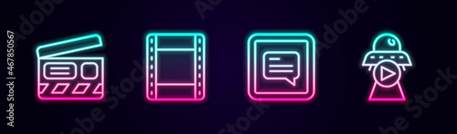 Set line Movie clapper, Play video, Video with subtitles and Science fiction. Glowing neon icon. Vector