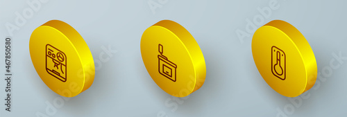 Set Isometric line Coffee machine, Manual coffee grinder and thermometer icon. Vector