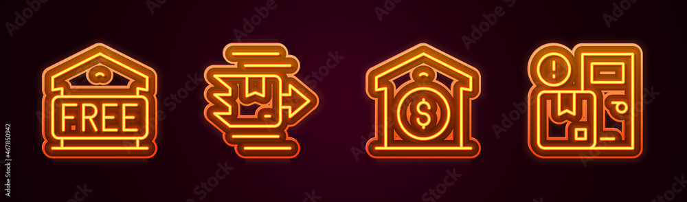 Set line Free storage, Carton cardboard box, Warehouse price and Home delivery services. Glowing neon icon. Vector Set line Free storage, Carton cardboard box, Warehouse price and Home delivery services. Glowing neon icon. Vector