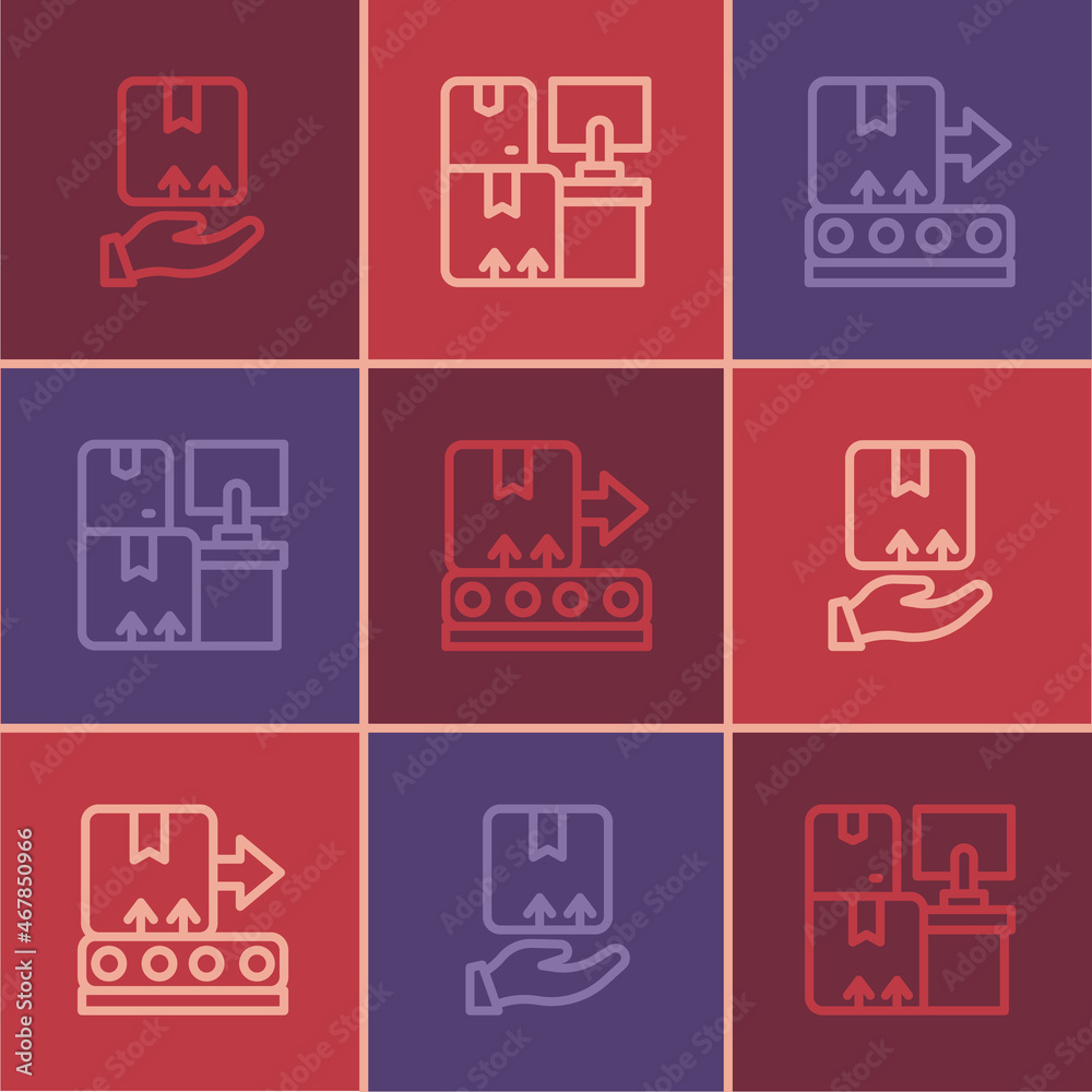 Set line Delivery hand with box, Conveyor belt and Warehouse boxes icon. Vector Set line Delivery hand with box, Conveyor belt and Warehouse boxes icon. Vector