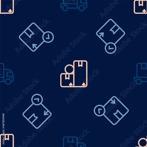 Set line Delivery cargo truck, Carton cardboard box and on seamless pattern. Vector