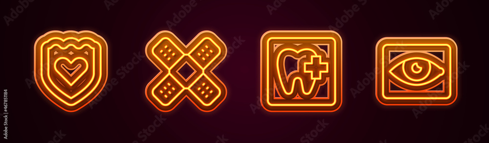Set line Immune system, Crossed bandage plaster, Dental clinic location and Red eye effect. Glowing neon icon. Vector
