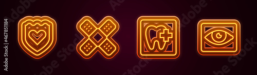 Set line Immune system, Crossed bandage plaster, Dental clinic location and Red eye effect. Glowing neon icon. Vector