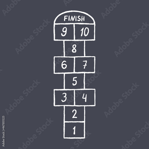 Hopscotch kid activity game. Hopscotch with white numbers drawn in chalk on asphalt. Outdoor summer game. Hand drawn vector illustration.