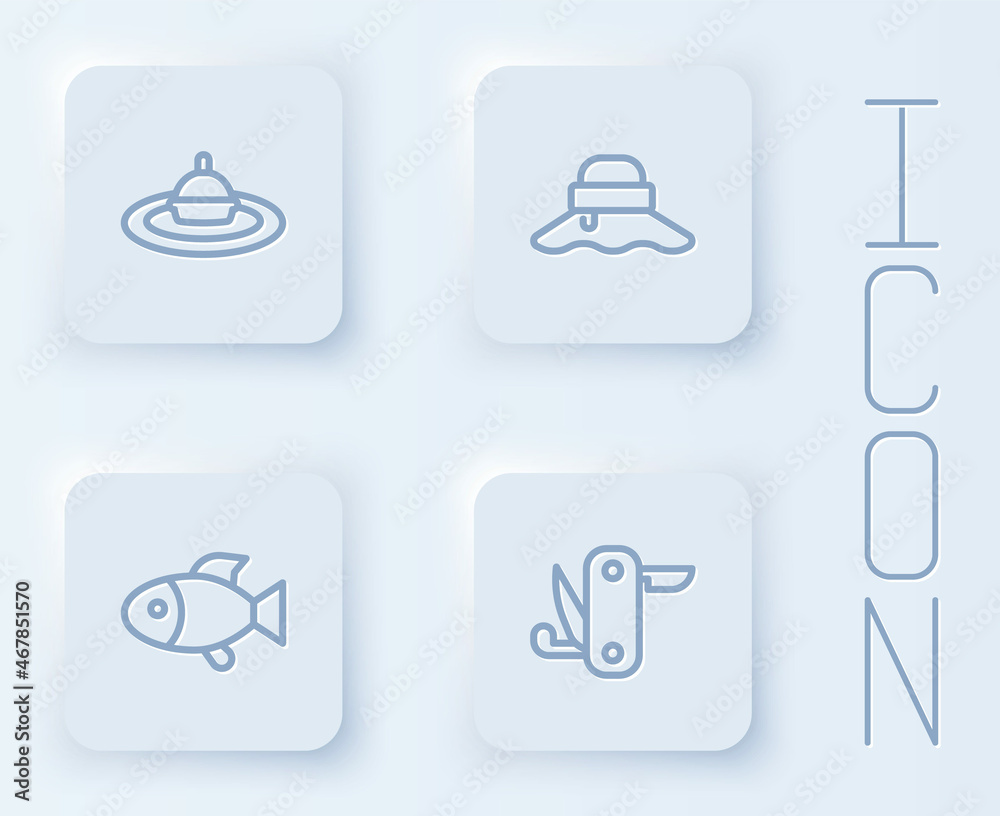 Set line Fishing float in water, Fisherman hat, and Swiss army knife. White square button. Vector Set line Fishing float in water, Fisherman hat, and Swiss army knife. White square button. Vector