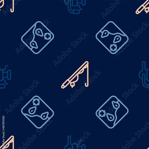 Set line Spinning reel for fishing, Location and Fishing rod on seamless pattern. Vector © Iryna