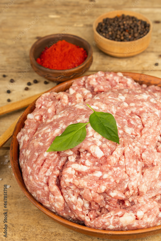 Raw minced meat. Ground pork with spices Raw minced meat. Ground pork with spices