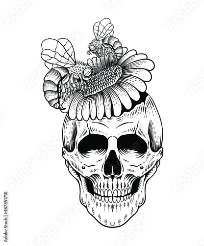 tattoo design skull with bee flower