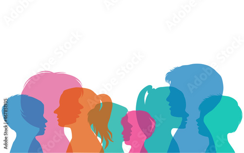 Silhouettes of the face of girls and boys, vector, profile. A group of young people, different colors, isolated on white background