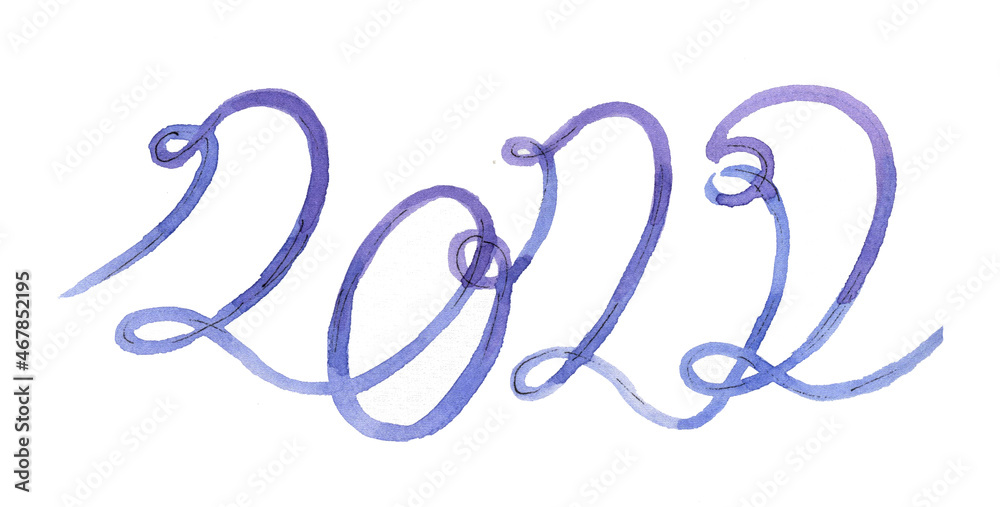 Watercolor continuous blue and violet one line drawing lettering number 2022 year on white background Watercolor continuous blue and violet one line drawing lettering number 2022 year on white background