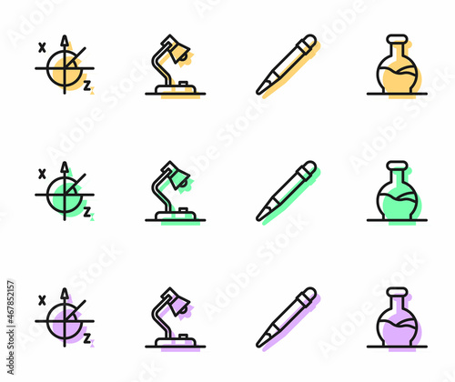 Set line Pencil with eraser, Trigonometric circle, Table lamp and Test tube icon. Vector