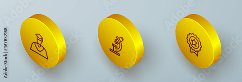 Set Isometric line Graduate and graduation cap, Microscope and Medal with star icon. Vector