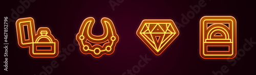 Set line Diamond engagement ring in box, Necklace, and . Glowing neon icon. Vector
