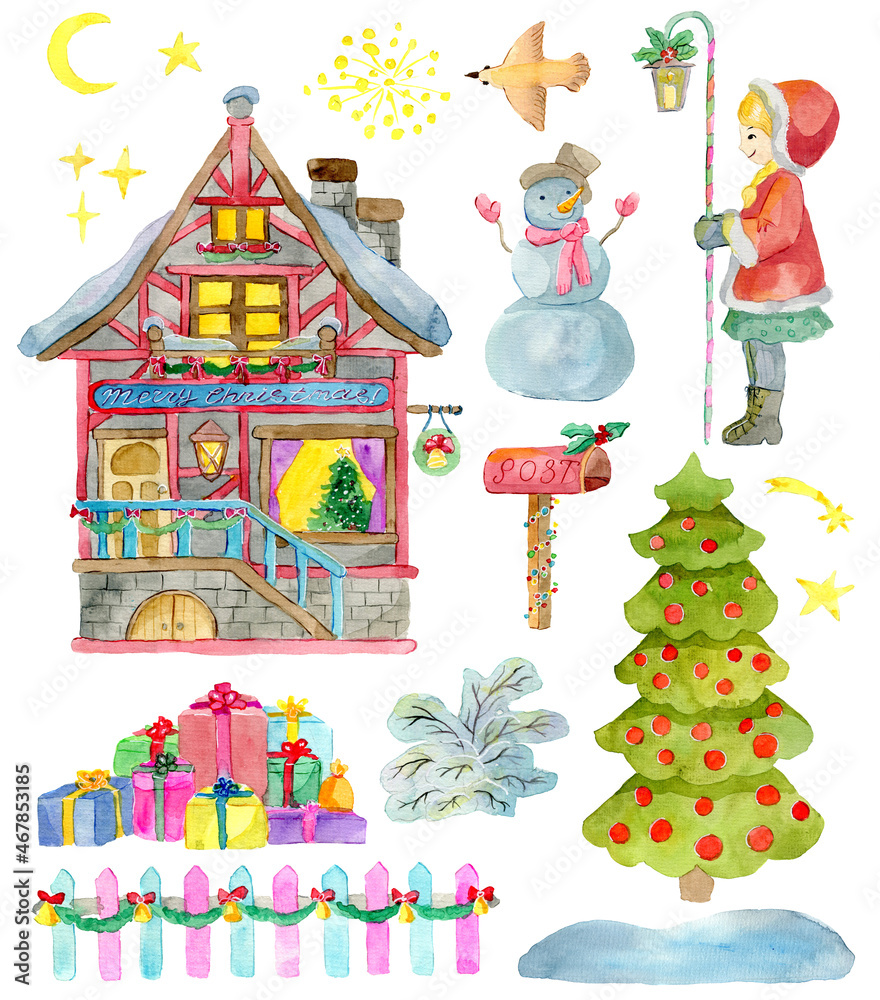 Design set with Christmas house with decorations, girl with lantern, snowman, conifer and gifts isolated on white. Watercolor illustrations. Christmas and New Year holiday concept Design set with Christmas house with decorations, girl with lantern, snowman, conifer and gifts isolated on white. Watercolor illustrations. Christmas and New Year holiday concept