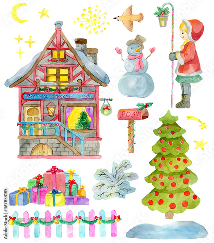 Design set with Christmas house with decorations  girl with lantern  snowman  conifer and gifts isolated on white. Watercolor illustrations. Christmas and New Year holiday concept