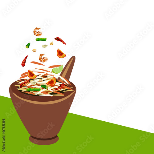 Som tum- sour and spicy Thai papaya salad with wooden mortar. Isolated Thai papaya salad on white background. Asian traditional food vector drawing. Close up food vector illustration.