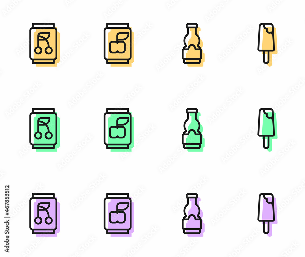 Set line Sauce bottle, Soda can, and Ice cream icon. Vector Set line Sauce bottle, Soda can, and Ice cream icon. Vector
