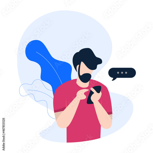 SMS notification. SMS Marketing. OTP. Social media concept. Flat style. Vector illustration. Man holding phone, reading message. Message notification photo