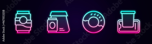 Set line Soda can, Online ordering food, Donut and Food mobile. Glowing neon icon. Vector