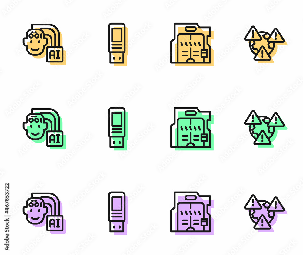 Set line Futuristic sliding doors, Humanoid robot, USB flash drive and Earth with exclamation mark icon. Vector Set line Futuristic sliding doors, Humanoid robot, USB flash drive and Earth with exclamation mark icon. Vector