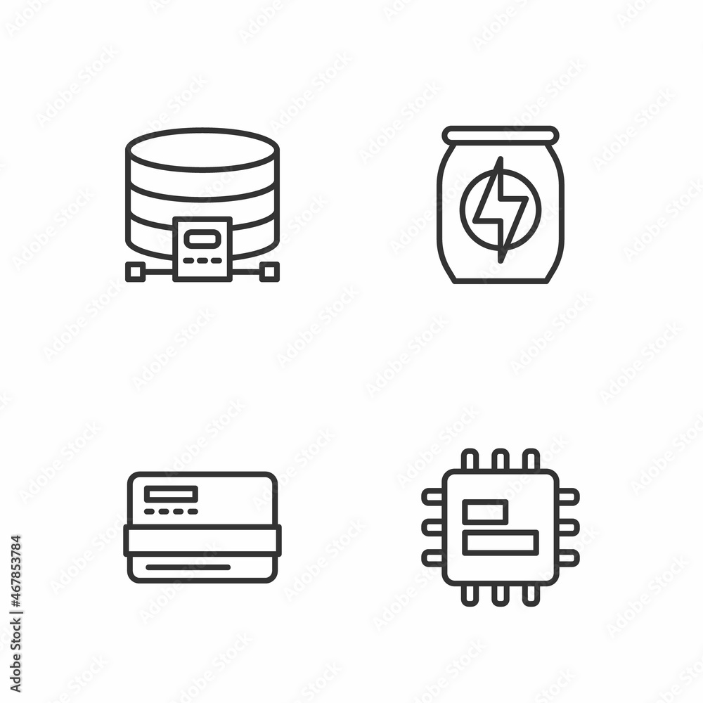 Set line Processor CPU, Credit card, Cloud database and Energy drink icon. Vector Set line Processor CPU, Credit card, Cloud database and Energy drink icon. Vector