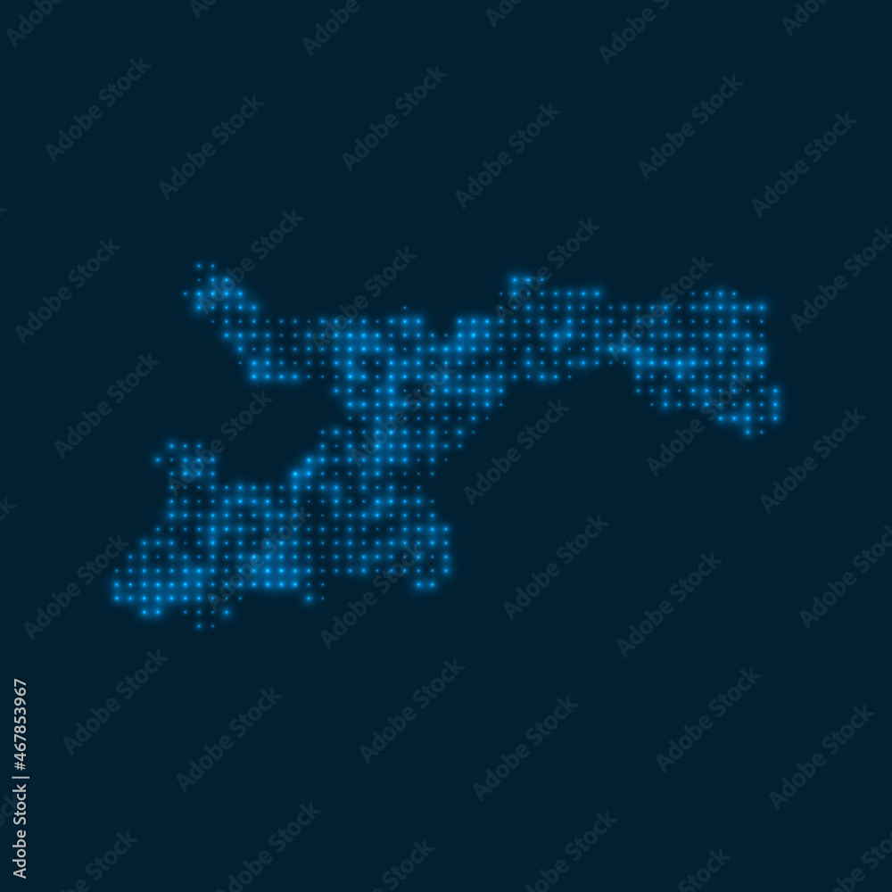 Norman Island dotted glowing map. Shape of the island with blue bright bulbs. Vector illustration.
