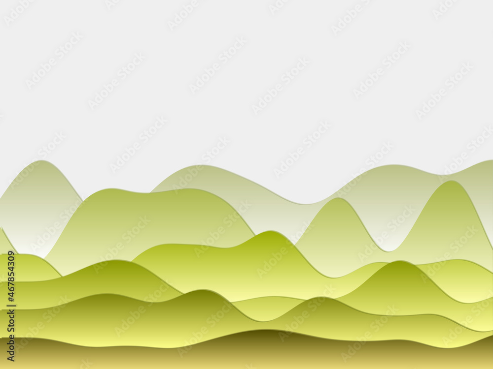 Abstract mountains background. Curved layers in lime colors. Papercut style hills. Modern vector illustration.