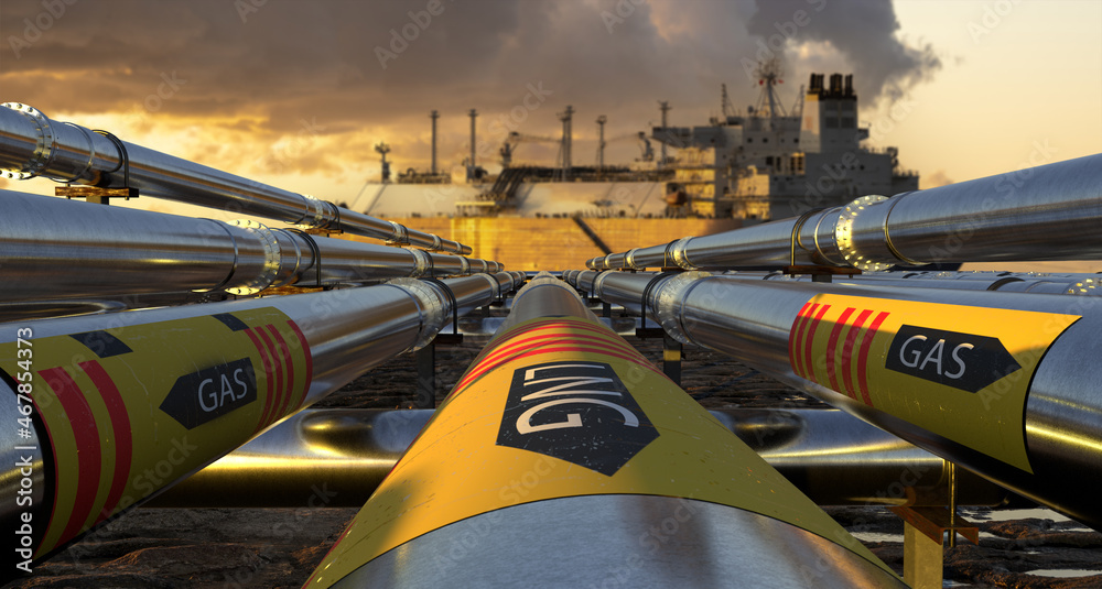 Pipelines leading the LNG terminal and the LNG tanker - obrazy, fototapety, plakaty 