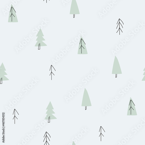 
Cute winter seamless pattern with light green and outline naive simple spruce. Good for Christmas design of fabric, paper or textile. Colorful vector background.
