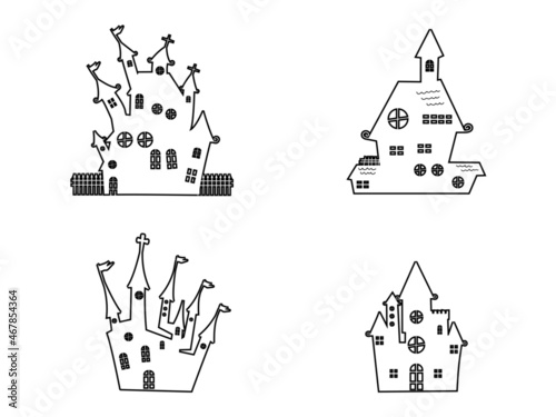 Set of haunted houses for Halloween. Collection of castles with monsters. silhouette a scary house