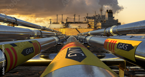 Fotografia Pipelines leading the LNG terminal and the LNG tanker