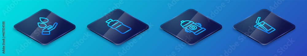 Set Isometric line Fire hydrant, Washing hands with soap, Glass water and Bottle of icon. Vector