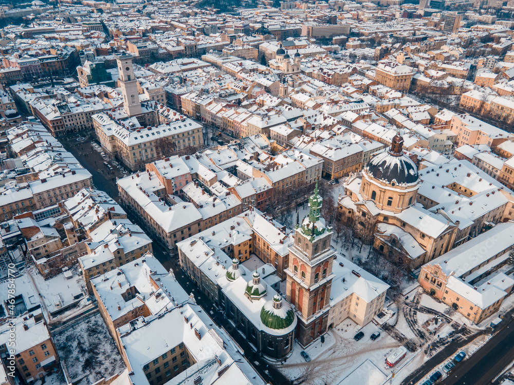 aerial view of snowed lviv center