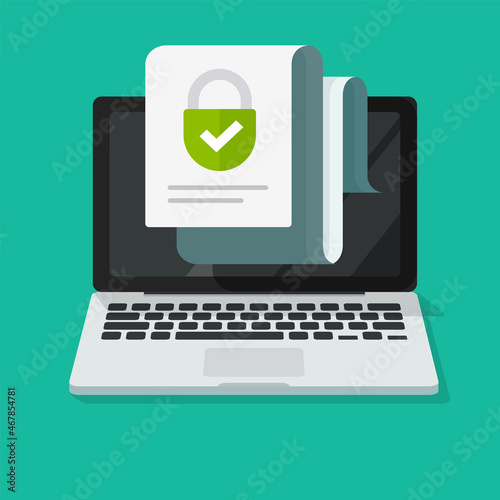 Privacy policy secure document lock online icon vector or confidential locked digital file on computer monitor flat cartoon illustration, concept of safety information system, security data access