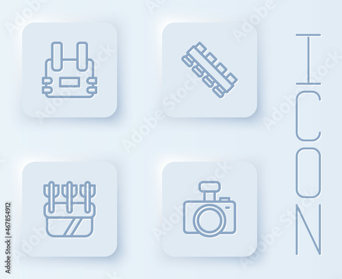 Set line Bulletproof vest, Hunting cartridge belt, Quiver with arrows and Photo camera. White square button. Vector