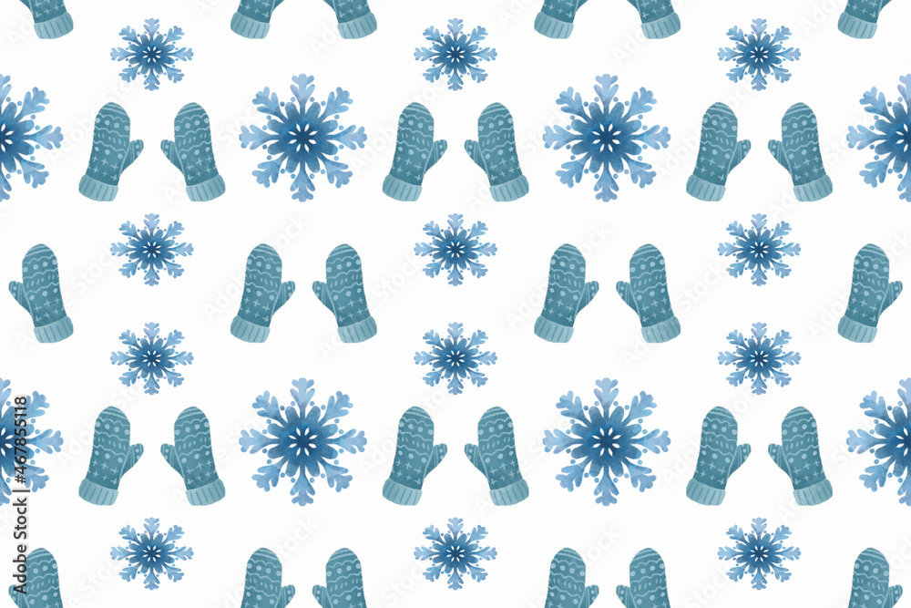 Simple Christmas pattern with geometric motifs. Snowflakes and mittens on white horizontal background.