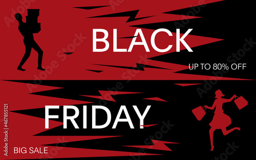 Black friday sale banner with shopper silhouette design