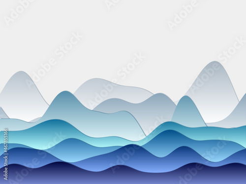 Abstract mountains background. Curved layers in blue colors. Papercut style hills. Creative vector illustration.
